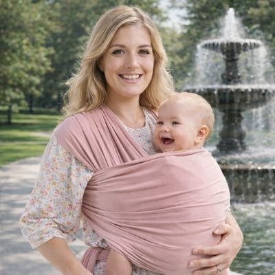 bébé souriant porté dans porte bebe echarpe par maman dans parc proche de fontaine d'eau