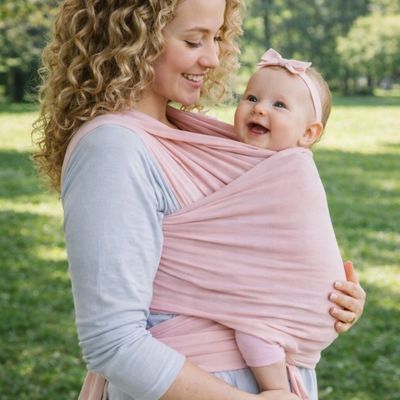 maman se promenant dans le parc avec bébé qu'elle porte dans porte bebe echarpe