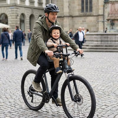 Porte bebe velo avec bébé assis dedans en promenade en ville avec papa