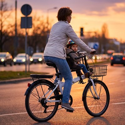 Porte bebe velo avec bébé dedans en promenade au coucher du soleil avec maman