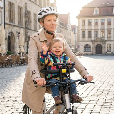 Porte bebe velo fixation avant avec enfant assis confortablement - RiderKid™