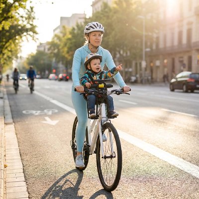 Parent et enfant en balade à vélo avec porte bebe velo avant sécurisé RiderKid™
