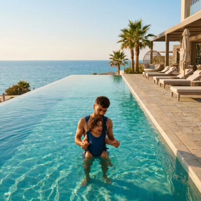bébé souriant porté par papa dans porte bébé aquasnug dans beau grand piscine