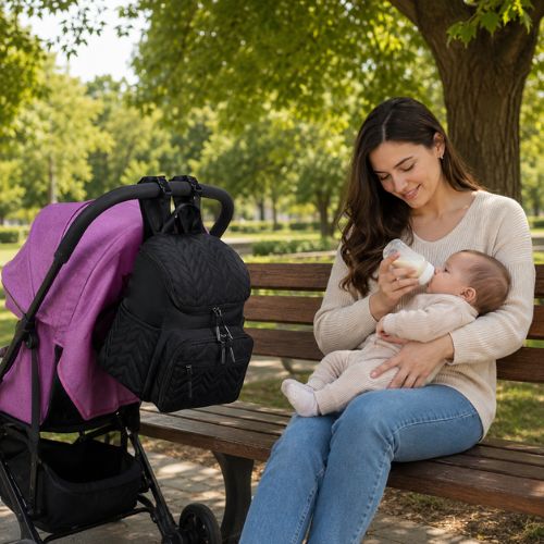 sac a dos a langer accroché à poussette à côté de maman assise sur banc de parc donnant biberon à bébé