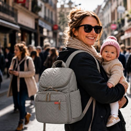 sac a dos a langer porté en biais par une maman voyageuse portant son bébé aux bras