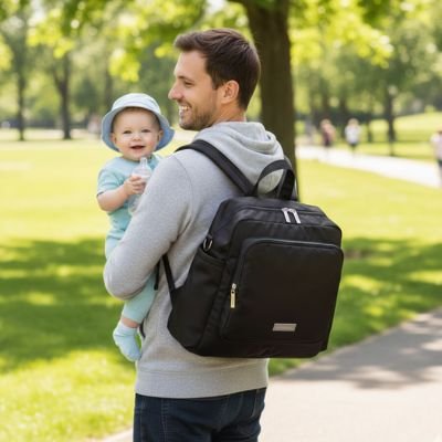 Sac a dos a langer au dos d'un papa promenant bébé au parc
