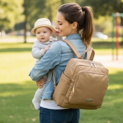 Sac a dos a langer au dos d'une maman promenant bébé au parc