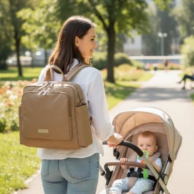 Sac a dos a langer au dos d'une maman promenant bébé au parc dans poussette