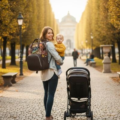 Sac a dos a langer porter par maman tenant bébé dans bras à coté poussette dans parc