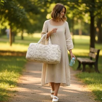 Sac a langer porté par maman au bras marchant seule au parc