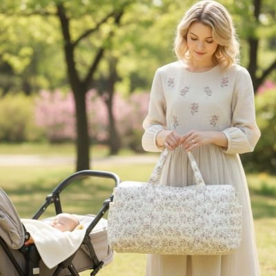 Sac a langer porté par maman au parc avec bébé