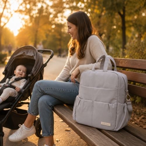 sac à langer sac à dos grande capacité posé sur un bac dans un parc