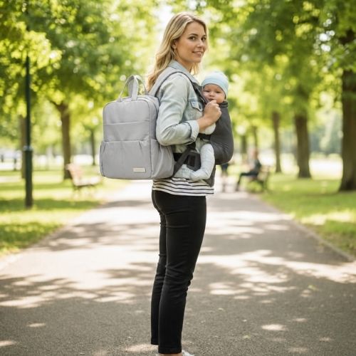 maman portant bébé dans porte bébé et sac à langer sac à dos dans un 