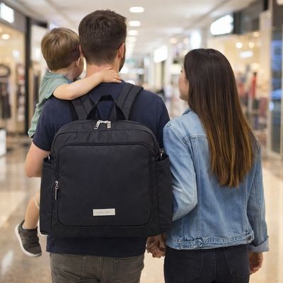 parents se tenant la main au centre commercial avec bébé papa portant sac a dos a langer au dos