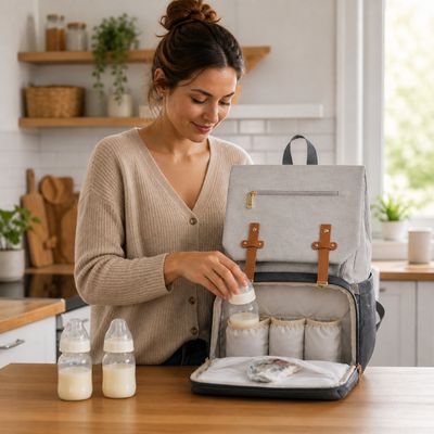 maman mettant biberons dans poches isothermes du sac a dos à langer dans cuisine