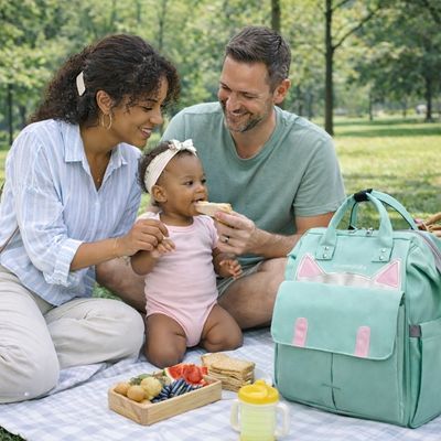 sac a dos a langer posé sur natte de pique nique avec famille heureuse