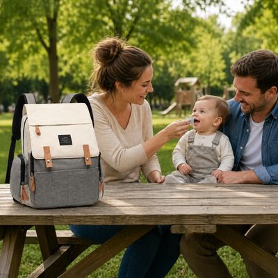 sac a dos a langer poser sur table a pique nique avec parent et bébé