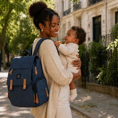 sac a dos a langer porté par maman tenant bébé dans ses bras debout sur trottoir de belle rue pleins d'arbre