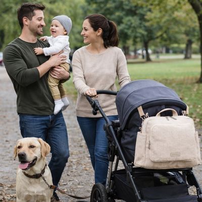 sac a dos a langer accroché à la poussette tenu par maman, papa tenant bébé au parc avec leur chien