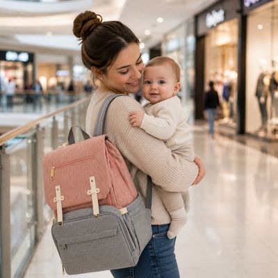 maman portant sac a dos à langer dans son dos et tenant bébé dans ses bras au centre commercial