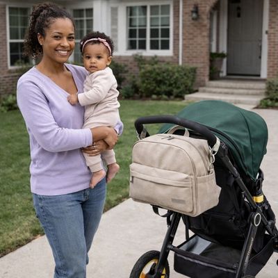 sac à langer sac à dos accroché à poussette à coté de maman locataire sa fille devant leur maison