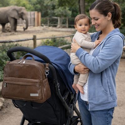 maman au zoo avec bébé au bras avec sac à langer sac à dos accroché à poussette