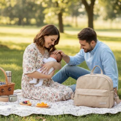 parents en pique nique avec bébé, sac à langer sac à dos posé sur natte