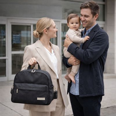 parents devant clinique papa portant bébé et maman élégante locataire sac à langer sac à dos par poignée