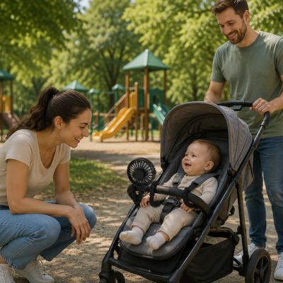 ventilateur poussette accroché sur poussette avec bébé dedans maman accroupi devant sourit et papa derrière tenant la poussette