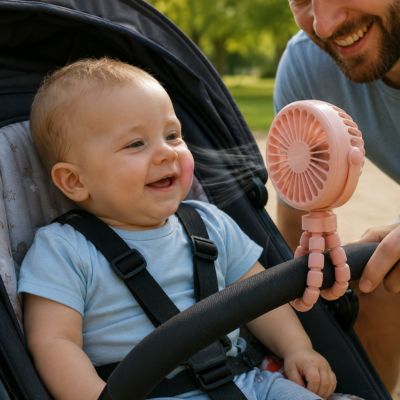ventilateur poussette accroché à poussette avec bébé qui souit dedans