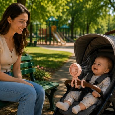ventilateur poussette accroché à poussette avec bébé assis dedans et maman assise sur banc de parc
