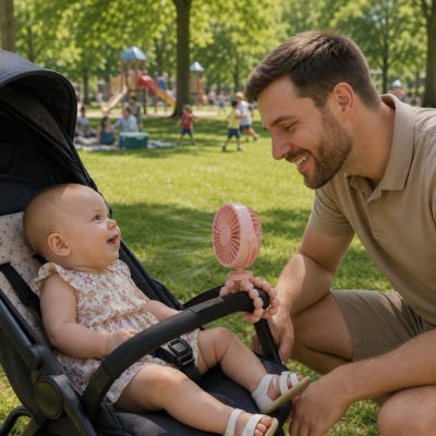 ventilateur poussette accroché à poussette avec bébé dedans et papa qui lui sourit accroupi devant