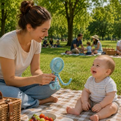 ventilateur poussette tenu par maman assis sur natte de pique nique avec bébé qui est content