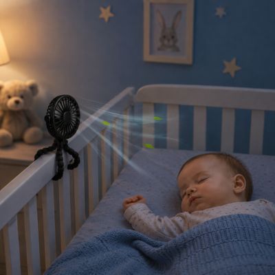 ventilateur poussette accroché sur bord de lit où dort bébé la nuit